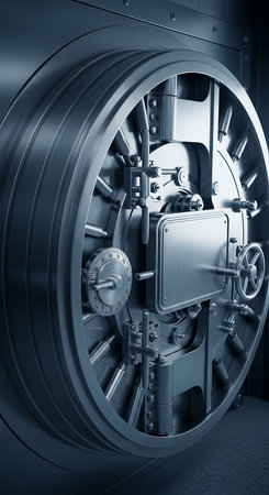 Large steel bank vault door with a combination lock. Blue toned.の写真素材