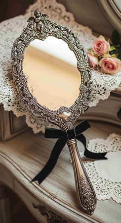 Vintage mirror on a vintage dressing table with white lace and rosesの写真素材