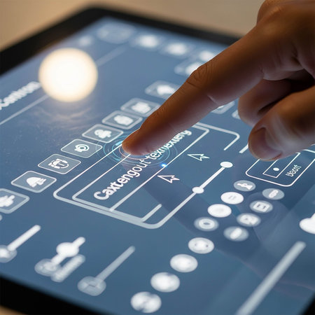 Close-up of human finger touching screen of tablet pcの写真素材