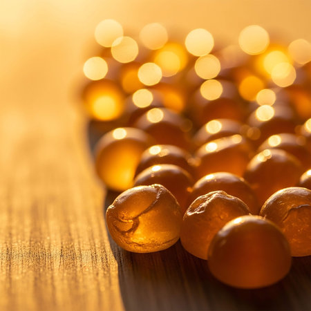 Bunch of amber beads on a wooden table. Shallow depth of fieldの写真素材