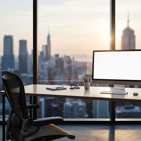 Side view of modern workplace with blank white computer screen, stationery and city view. Mock up, 3D Renderingの写真素材