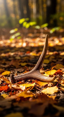 Deer antlers on autumn leaves in the forest, close upの写真素材