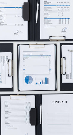 Business concept - top view of office desk table with financial reports.の写真素材
