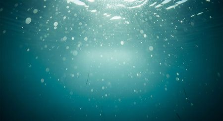 Underwater view of the sea surface with bubbles in the water.の写真素材
