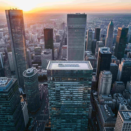 Aerial view of a city downtown at sunset.