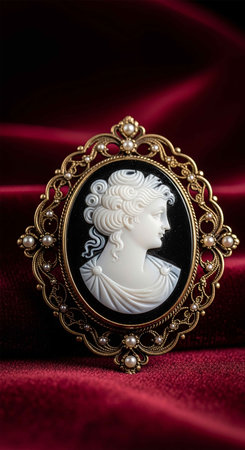 Vintage brooch with a portrait of a beautiful girl on a red backgroundの写真素材