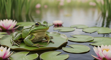 Green frog sitting on a lily pad in a pond with lotus flowers