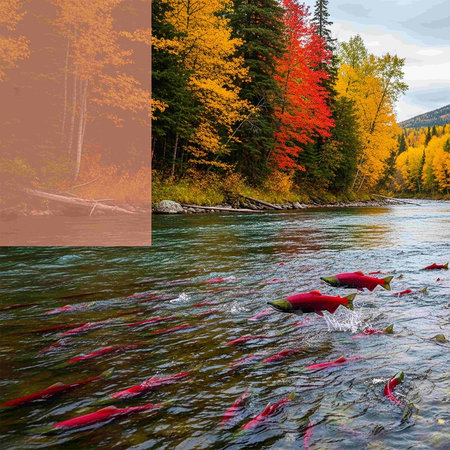 The collage of two photos of a river with multicolored fishの写真素材