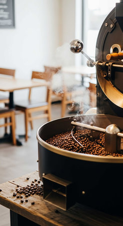 Coffee roasting machine with roasted coffee beans in a cafe