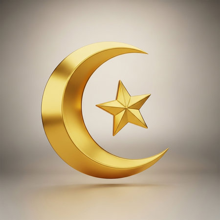 Golden crescent moon and star on a gray background. 3d renderingの写真素材