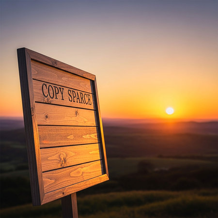 Wooden signboard on top of a hill with the sun setting in the backgroundの写真素材
