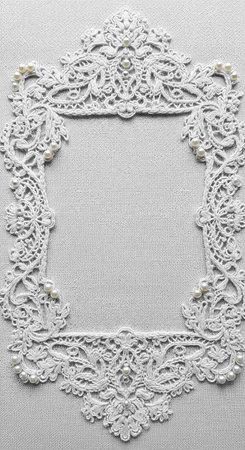 Lace frame with pearls on a white background. Copy space.の写真素材