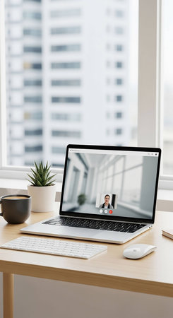 Businesswoman having video call on laptop at desk in modern office.の写真素材