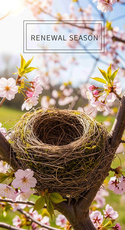 Nest in the spring garden with blooming cherry blossoms.の写真素材