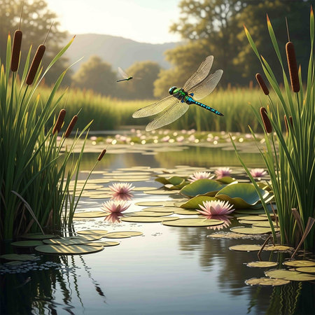 Dragonfly on a pond with lotus flowers and green grass.