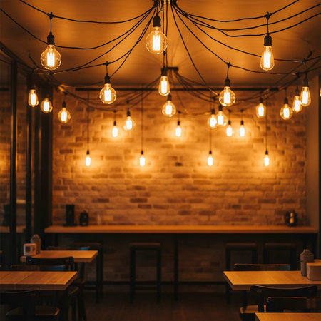 Coffee shop interior with vintage light bulbs. Coffee shop conceptの写真素材
