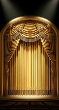 Gold stage curtain with gold drapery. 3d illustration.の写真素材