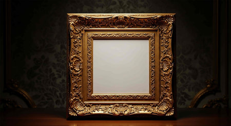 Gold picture frame on the table in the room. 3d rendering