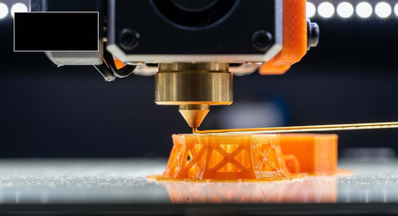 3d printer printing 3d model of orange object, close up