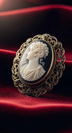 Vintage brooch on a red silk background. Shallow depth of field.の写真素材