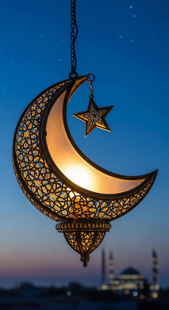 Ramadan Kareem greeting card with golden crescent moon and starの写真素材