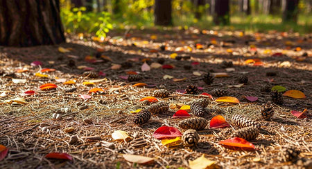 Pine cones and fallen leaves on the ground in the autumn forestの写真素材