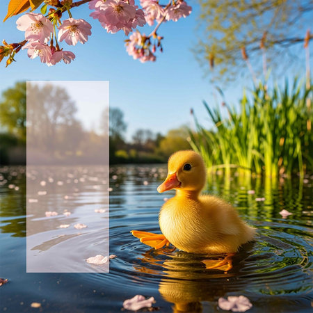 Cute duckling swimming in the lake with pink flowers. Copy space.の写真素材