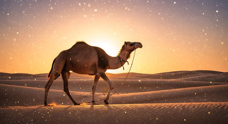 Camel in the Sahara desert at sunset. 3d illustration.の写真素材