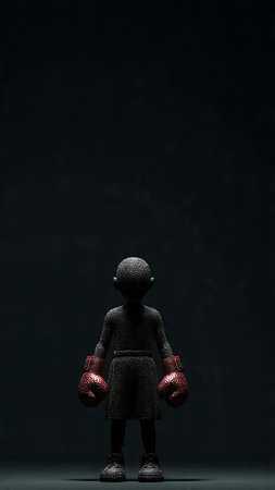 Little african american boy with boxing gloves standing on dark backgroundの写真素材
