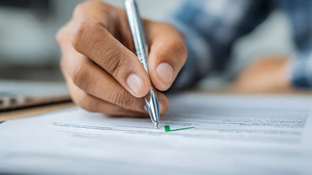 Close-up of a man's hand signing a business contract.の写真素材