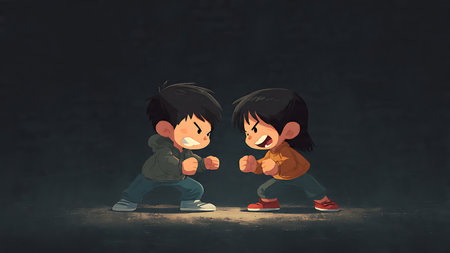 Cute little boy and girl in grunge dark room conceptの写真素材