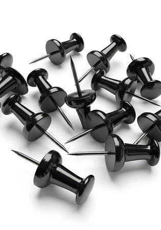 Black push pins isolated on white background. 3d render illustration.の写真素材