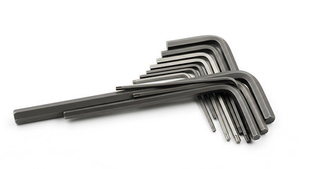 3d render of hex keys on a white background with shadow.
