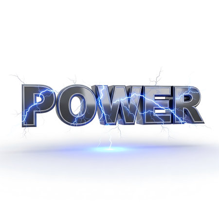 Power 3d word with lightning effect on white background, 3d renderの写真素材