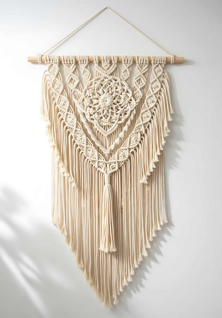 Macramé hanging on white wall. Boho style design.