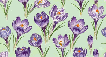 Seamless pattern with crocus flowers. Hand drawn vector illustration.の写真素材