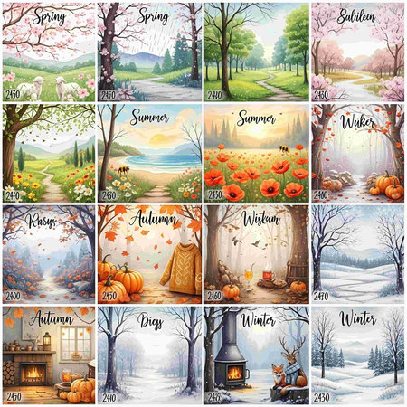 Set of 9 seasons of the year: winter, autumn, spring, summer, autumn.