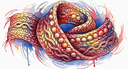 Hand drawn snake. Colorful watercolor illustration on white background.の写真素材