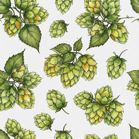 Seamless pattern with hop cones. Hand drawn vector illustration.