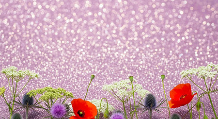 Red poppies and wildflowers on a purple background.