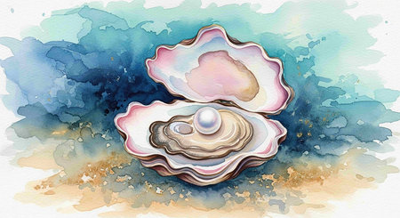 Watercolor illustration of oysters on the background of the sea.