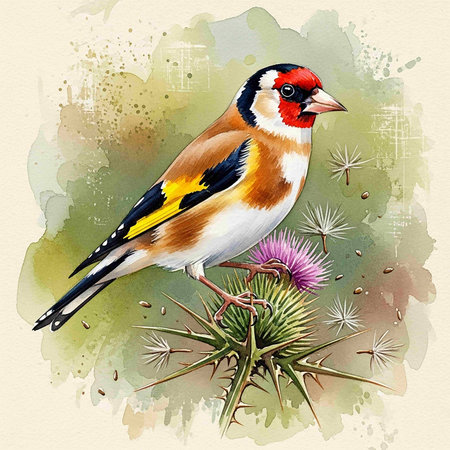 Watercolor illustration of a goldfinch sitting on a thistleの写真素材