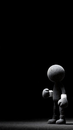 A small wooden man with a boxing glove on a black background.の写真素材