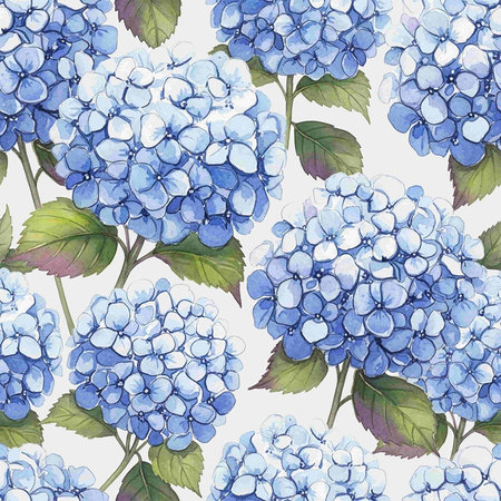 Seamless pattern with blue hydrangea flowers. Watercolor illustration