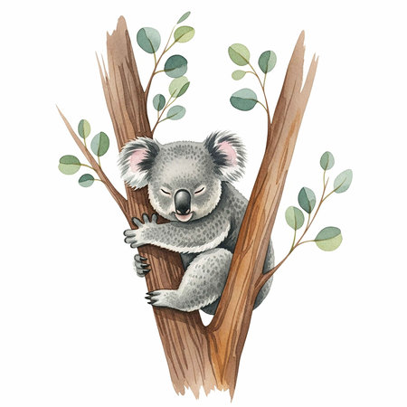 Watercolor cute koala bear on eucalyptus treeの写真素材