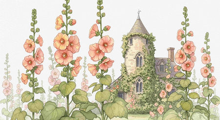 Hollyhock flowers and church. Watercolor hand drawn illustrationの写真素材