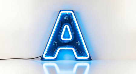 Neon light blue letter A on white background. 3d renderingの写真素材