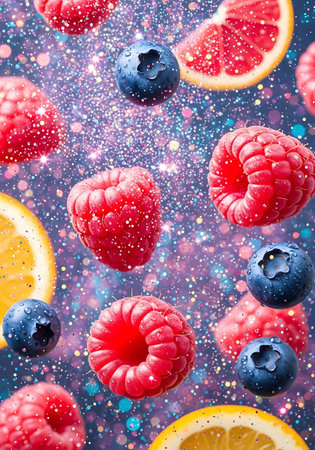 Falling fruits and berries on blue background. Creative food concept.の写真素材