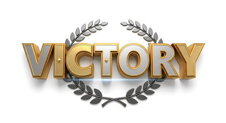 VICTORY 3D word with laurel wreath isolated on white backgroundの写真素材