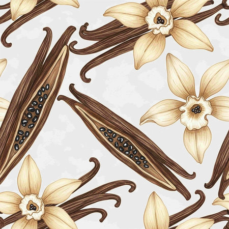 Seamless pattern with vanilla pods and flowers. Vector illustration.の写真素材